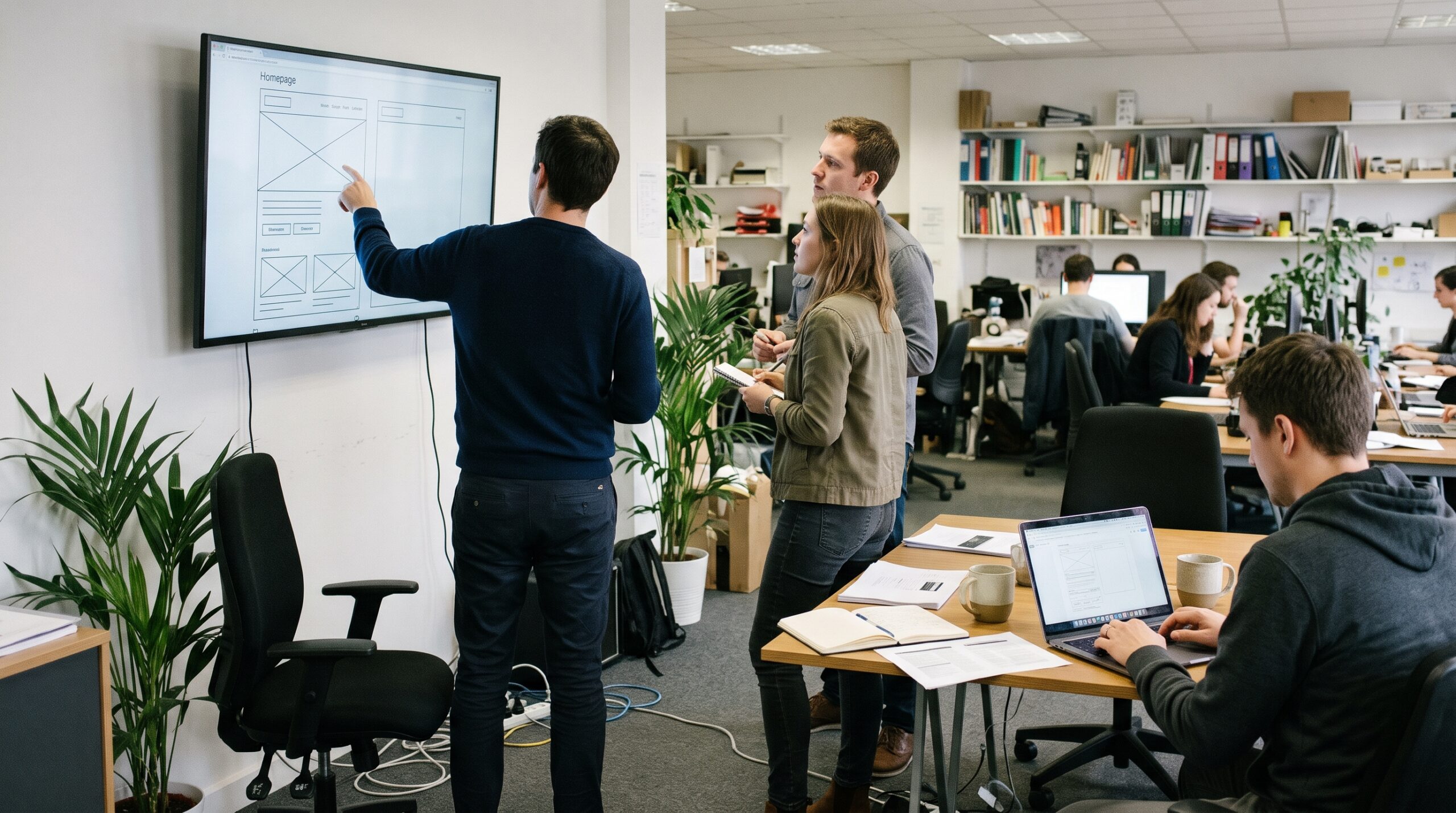 Dans un bureau, une équipe compare sur un écran des maquettes de pages web autour d’une table de travail.